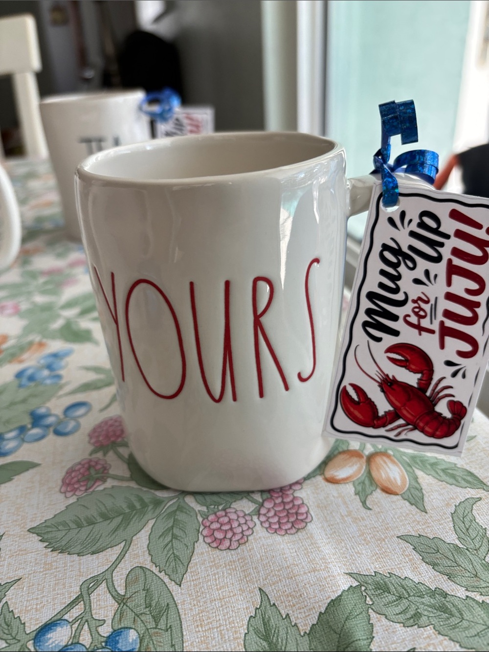 Rae Dunn White Mug with Red "YOURS" Script and Lobster Tag